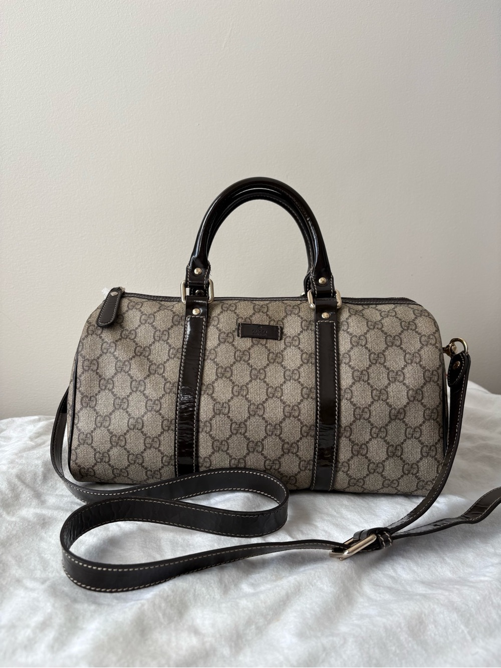 Gucci Monogram Satchel in Beige and Dark Brown